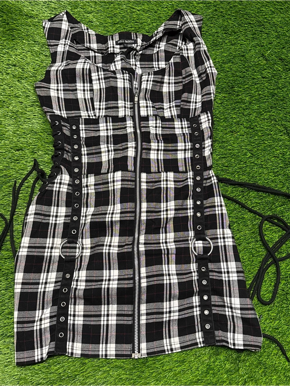 Hell Bunny Black and White Plaid Zip Corset Mini Dress